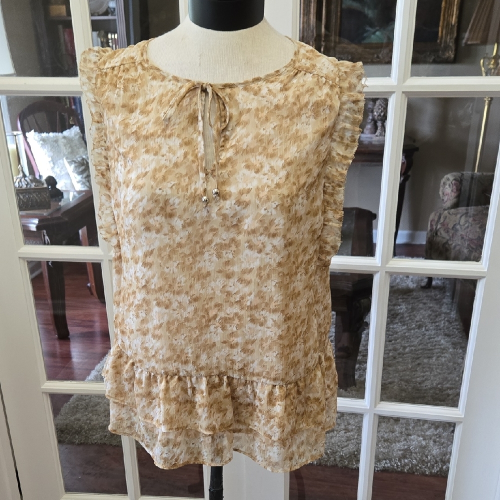 Kaari Blue Tan Cream Floral Sleeveless Tie Front Ruffle Blouse Fully Lined L EUC